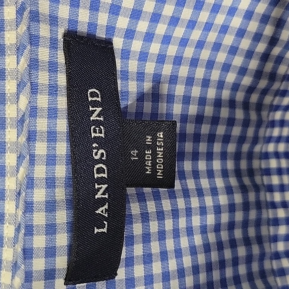 Lands' End Blue White Gingham 3/4 Sleeve Button Down Shirt Size 14 - Picture 3 of 5